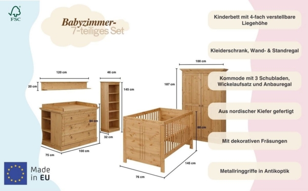 Lüttenhütt Babyzimmer-Komplettset Indra, FSC® zertifiziertes Massivholz, zum Jugendzimmer umgestaltbar, (Spar-Set, 7-tlg, Kleiderschrank, Bett, Kommode + Aufsatz, Unterbau-, Wand- & Standregal), massive Kiefer, 7-teilges Set, zertifizierte Qualität, la... Bild 3