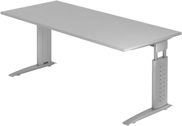 bümö höhenverstellbarer Schreibtisch U-Serie 180x80 grau, Gestell in Silber - großer PC Tisch für's Büro manuell höhenverstellbar, Computertisch verstellbar, US-19-5-S