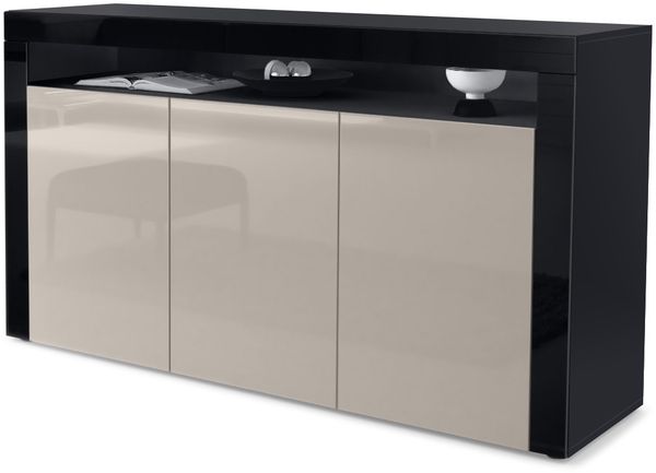 Vladon Sideboard Valencia, Kommode mit 3 Türen und 1 offenem Fach, Schwarz matt/Sandgrau Hochglanz/Schwarz Hochglanz (155 x 92 x 40 cm)