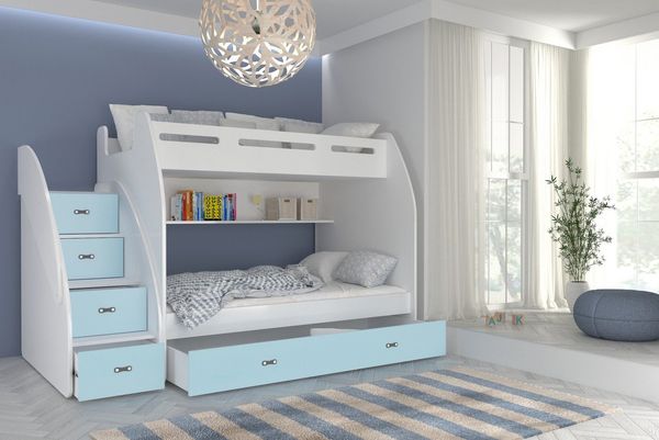 thematys Etagenbett oben 90x200 / unten 120x200cm, Treppe und Ausziehbett für 3 Kinder (Optional mit 2 Matratzen, Stockbett aus Holz, Treppe beidseitig montierbar)