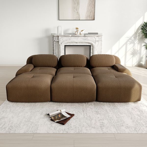 3-Sitzer Sofa 298x178x75 cm aus Cordstoff modular ohne Gestell mit 3 Ottomanen, braun