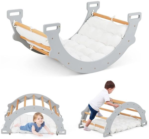 Kletterbogen aus Holz mit Weichem Kissen zum Wippen & Klettern & Krabbeln Klettergerüst Grau