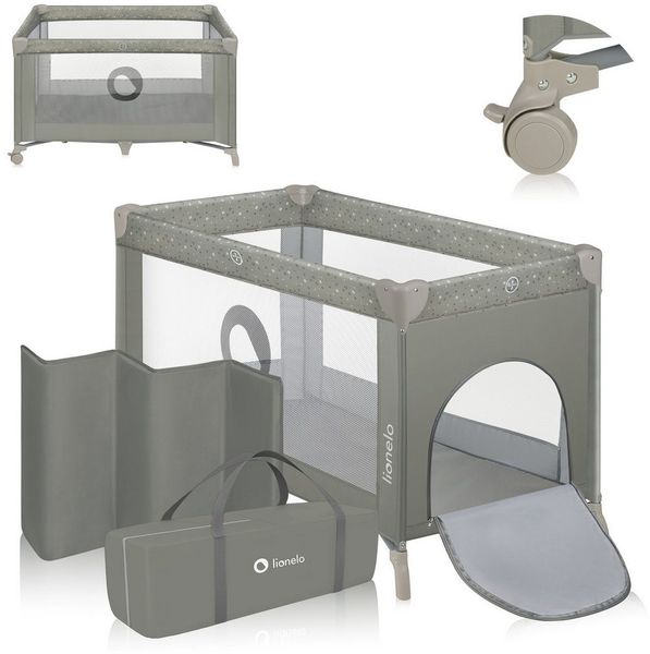 Lionelo Stefi Baby Kinderbett, Reisebett ab Geburt bis 15 kg, Seiteneingang, Sicherungssystem LockGuard, Blockade der Räder, Tragetasche, zusammenklappbar
