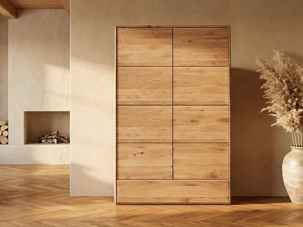 Massivart® Highboard 100 cm Breite Massivholz Wildeiche geölt »SKOV«, 2 Drehtüren · 3 Einlegeboden · 1 Schublade · viel Stauraum