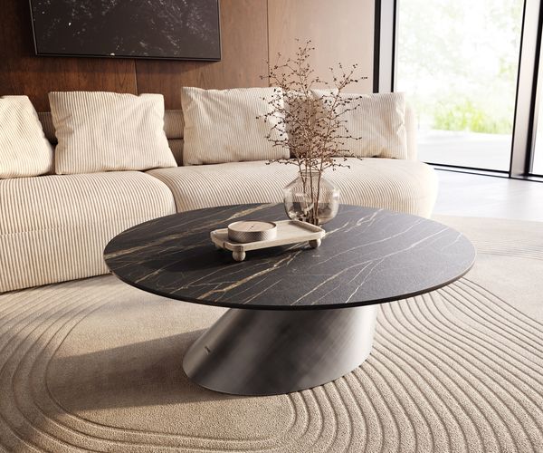 Couchtisch Edge Rund 100x100 cm Keramik Laminam® Noir Desir Braun Conis Metallic Silber