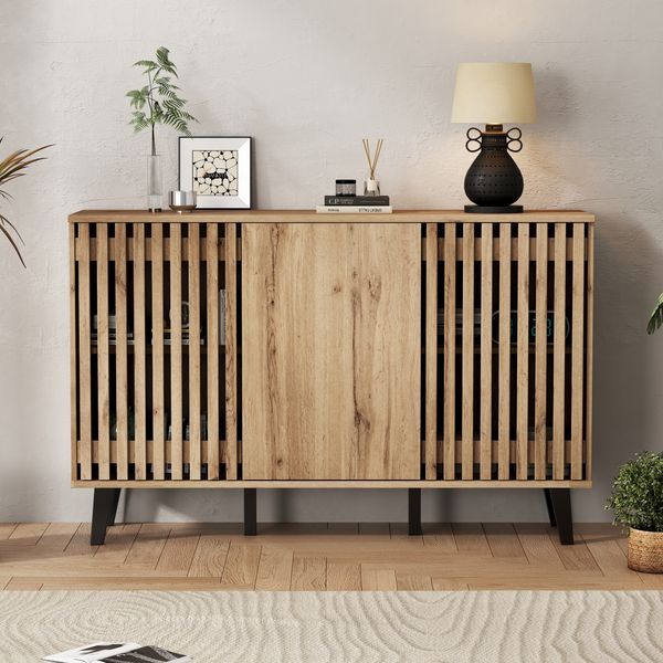 Sideboard, breiter 3-türiger Schrank mit 6 Ablagefächern, Beistelltisch für Wohnzimmer, Schlafzimmer oder Eingangsbereich, MDF, Weiß, 150×40×95 cm