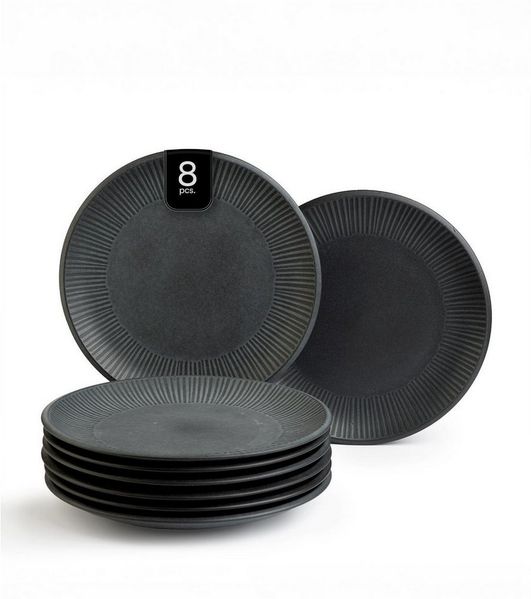 Home4You Speiseteller 8er Set, Schwarz, Ø 27 cm, Steingut, mit linienförmiger Reliefprägung