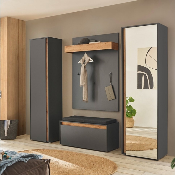 Lomadox Garderoben-Set CRISP-61, (Spar-Set, 4-St, Garderobenpaneel Schuhbank Garderobenschränke), in anthrazit mit Wotan Eiche Nb, griffloses öffnen
