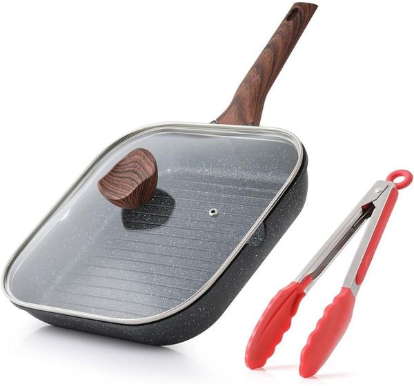 Antihaft-Grillpfanne mit Deckel, 28 cm, Granitbeschichtung, Induktion, Ausgießer