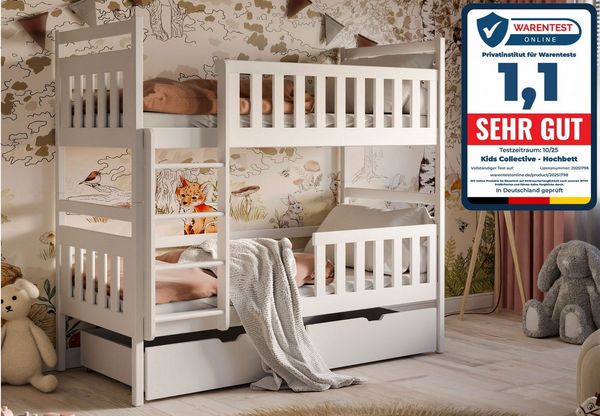 Kids Collective Hochbett 80x180, 90x200 cm mit 2 Schubladen Kinderbett mit Rausfallschutz Lattenrost, umbaubar in 2 Kinderbetten, weiß, 180x80, mit Matratze
