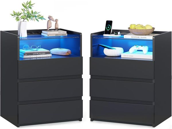 MSMASK Nachttisch mit LED-Beleuchtung und Steckdosen, 3 Schubladen, 45 x 35 x 61 cm (2-St), Nachtschrank mit Sichtbarer Glastischplatte