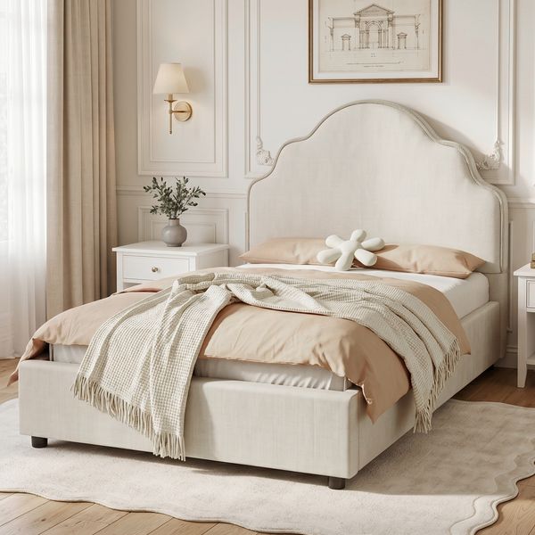 Polsterbett, Einzelbett, Kinderbett 90 x 200cm, Bett mit gepolstertes Kopfteil, leinen, beige