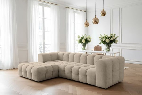 Ecksofa Designersofa SOLVIE in Stoff Moly Beige Ottomane Links