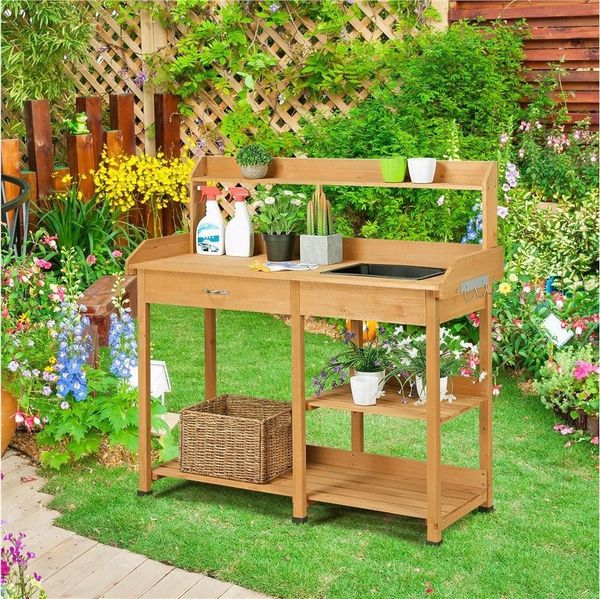 Yaheetech Pflanztisch mit Waschbecken & Verstellbaren Ablagefläche & Schublade, Gärtnertisch für den Garten/Terrasse/Balkon