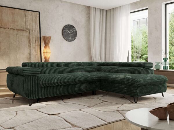 MKS Möbel 'Pablo L-Form' Ecksofa mit Schlaffunktion, verstellbare Kopfstützen, Grün, Cordstoff, ohne Topper, Rechts