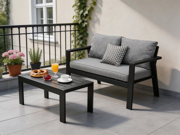 MeXo Gartenlounge-Set Aluminium Balkonmöbel Set Wetterfest, (Einteiliges Premium Sitzkissen 10cm, 2-tlg, Loungetisch 100x50 cm), Balkon Lounge Set klein, Balkonsofa 2 Sitzer