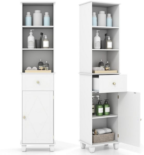 COSTWAY Badkommode, schmal Hochschrank Bad mit Schublade Holz 172cm