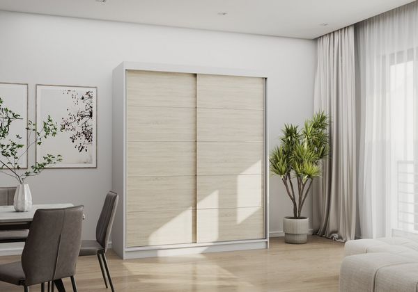 MOEBLO Schiebetürenschrank EVA 06 (Kleiderschrank mit silbernen Sprossen, Schwebetürenschrank 2-türig Schrank Garderobe Schiebtüren, Schlafzimmer Wohnzimmerschrank) (B x H x T): 160 x 195 x 61 cm