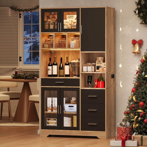 Hochschrank 100 x 40 x 185 cm, MDF in Schwarz/Natur, mit LED, Steckdose, Glastüren und verstellbaren Böden