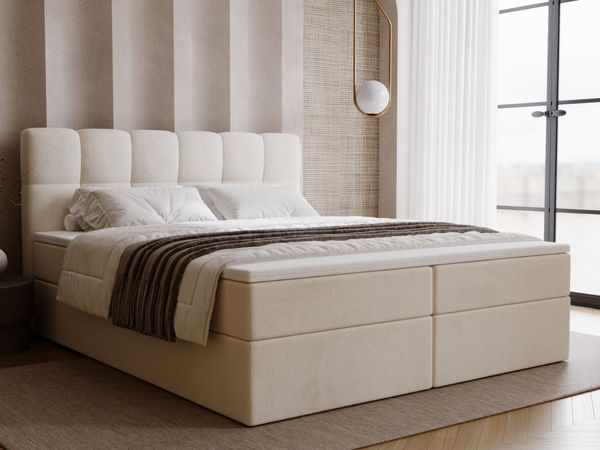 GRAINGOLD Maison Boxspringbett 140x200, Boxspringbett mit zwei Bettkästen, Kopfteil, Velour-Stoff, Beige