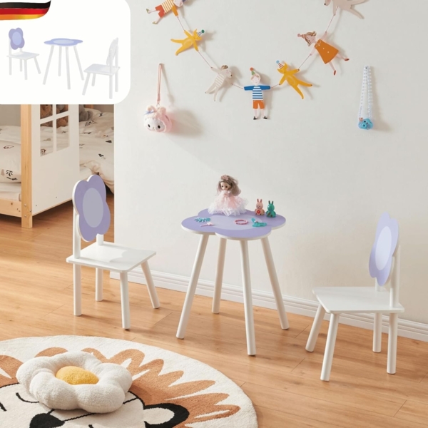 DELUKE® Kindersitzgruppe mit 2 Stühlen TULP - 3 teilig Kindertisch Set Kindersitzgruppe aus Holz weiß/lila Blumen-Design Maltisch Basteltisch Kinder Spieltisch ab 1 Jahr Kinderstuhl Set