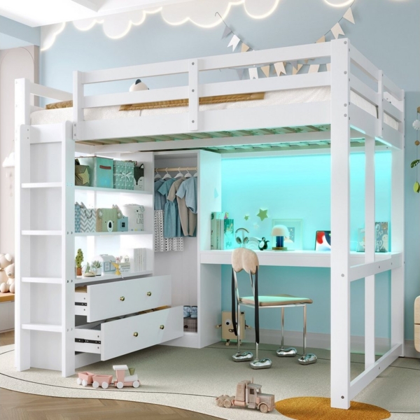 STILVORA Hochbett 140x200 mit Schreibtisch,Jugendbett Stauraumbett mit LED-Licht&USB (mit Unterbettschreibtisch, 2 Schubladen & Regale – platzsparend, 1-St, 140x200) LED-Licht und USB Bild 1