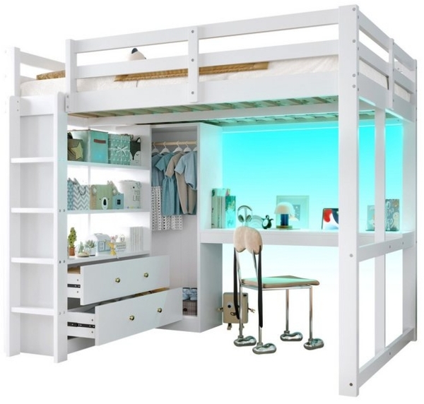 STILVORA Hochbett 140x200 mit Schreibtisch,Jugendbett Stauraumbett mit LED-Licht&USB (mit Unterbettschreibtisch, 2 Schubladen & Regale – platzsparend, 1-St, 140x200) LED-Licht und USB Bild 4