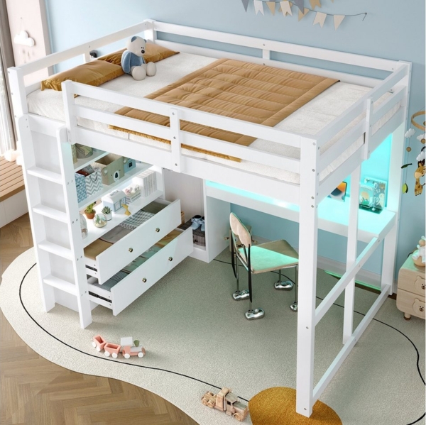 STILVORA Hochbett 140x200 mit Schreibtisch,Jugendbett Stauraumbett mit LED-Licht&USB (mit Unterbettschreibtisch, 2 Schubladen & Regale – platzsparend, 1-St, 140x200) LED-Licht und USB Bild 2