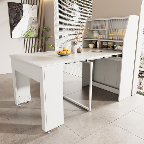 Teleskop-Esstisch ausziehbar 52–132,5cm,abnehmbare Mittelplatten, Glasvitrine, kompakter Esstisch und Schrank in einem