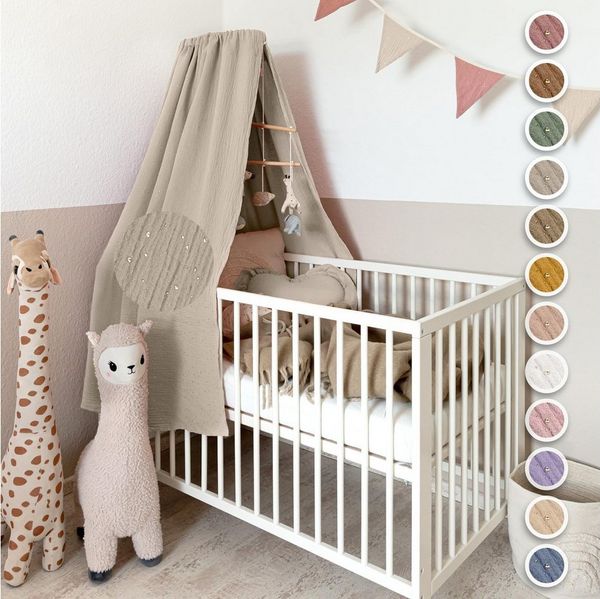 lilimaus Betthimmel Handgefertigter Baumwoll Betthimmel für Babybett, Gold Applikation, Stilvolle Musselin-Deko für Kinderzimmer, handgefertigt aus Baumwolle