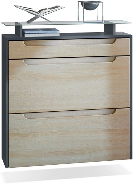 Vladon Schuhschrank Annie, Schuhkipper für 16 Paar Schuhe mit 2 Klappen, 1 Schublade und Glasablage, Anthrazit matt/ Eiche sägerau, Griffmulden in Eiche sägerau (89 x 96 x 23 cm)