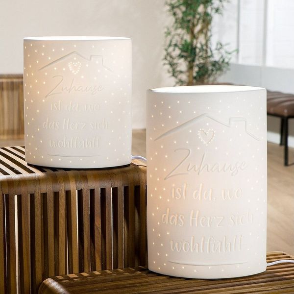 GILDE Schreibtischlampe Tischleuchte Zuhause Weißes Porzellan mit Herzlichen Spruch