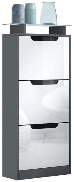 Vladon Schuhschrank Space V2 (Schuhkipper, für 12 Paar Schuhe mit 3 Klappen und Glasablage) Anthrazit matt/Weiß Hochglanz (46 x 128 x 23 cm)