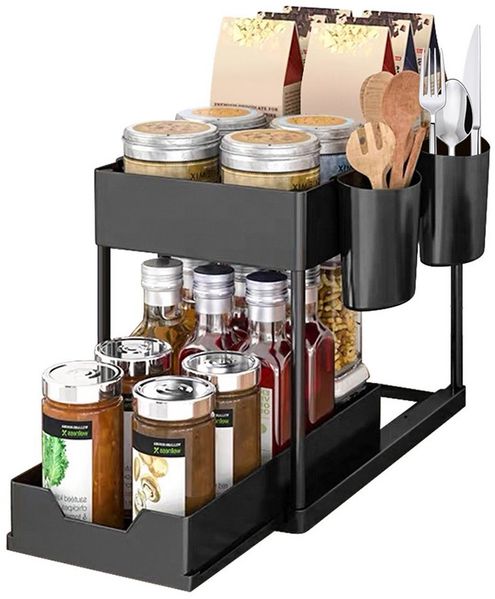 JEOBEST Küchenregal Küchen Organizer, Spülschrank Organizer, Küchen Gewürzregal, 2 Etagen Unter Waschbecken Regal mit 4 Haken &2 Tassen
