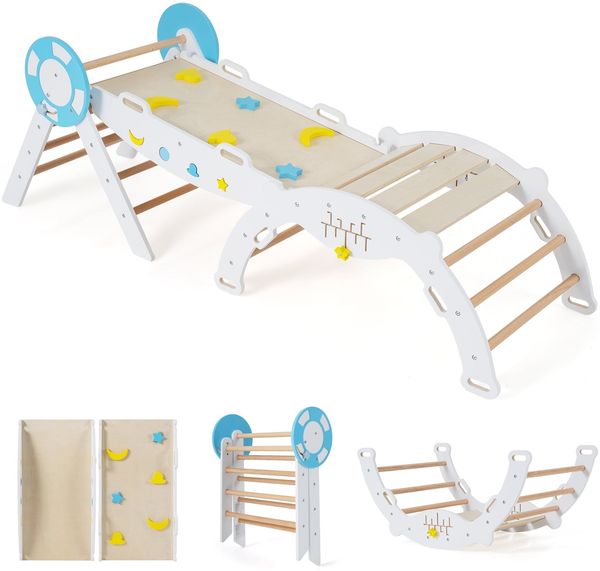 3er Set Klettergerüst mit Rutsche & Kletterbogen & Baustein Set Klappabres Kletterdreieck Weiß