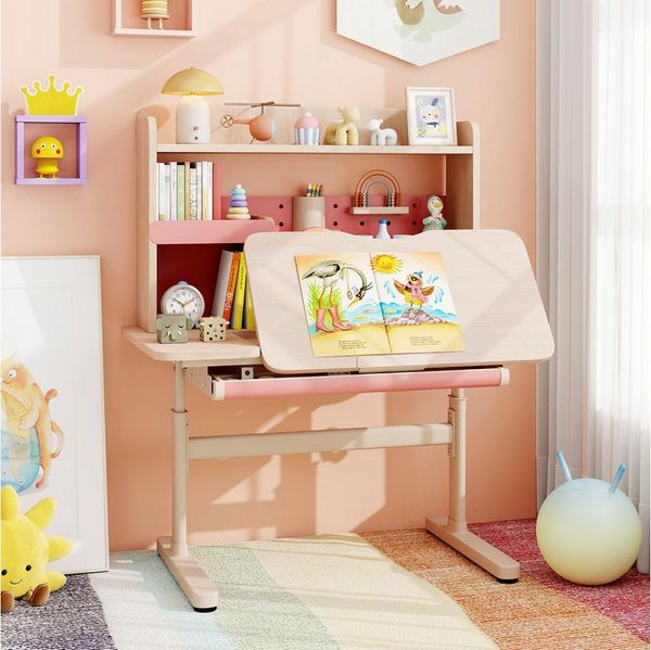 COSTWAY Kindertisch, mit Regal & Schublade, höhenverstellbarer, ab 3 Jahre