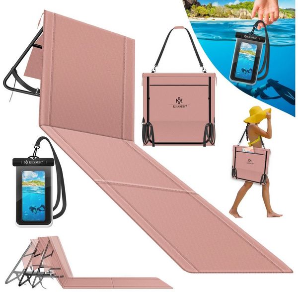 KESSER® Strandmatte klappbar mit verstellbarer Rückenlehne, Strandliege faltbar mit Tragegurt, wasserdichter Handyhülle & Aufbewahrungstasche, Sonnenliege für Strand Garten Terrasse, Liegematte 130Kg Rosa, 1er Set