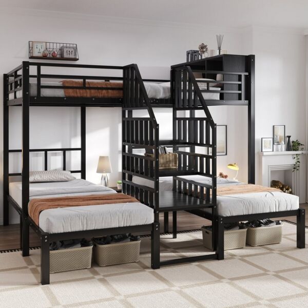 MODFU Etagenbett aus Eisen mit drei Liegeplätzen (Kinderbett, komfortabler Treppe mit Handläufen und zusätzlichem Stauraum, Metallbett 90x200cm&140x200cm), ohne Matratze