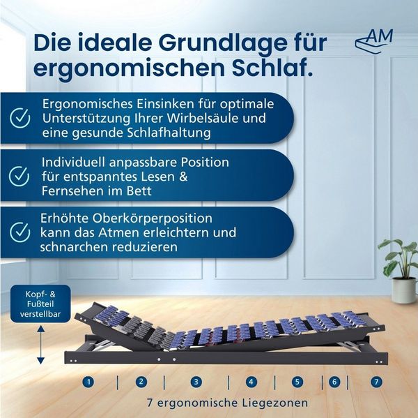 Tellerlattenrost Anpassungsfähiger 7-Zonen Lattenrost, Kopf- und Fußteil verstellbar, AM Qualitätsmatratzen, Kopfteil Kopfteil höhenverstellbar, Fußteil Fußteil 13-fach höhenverstellbar, 80x200 cm