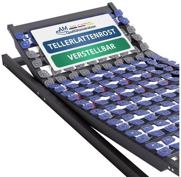 Tellerlattenrost Anpassungsfähiger 7-Zonen Lattenrost, Kopf- und Fußteil verstellbar, AM Qualitätsmatratzen, Kopfteil Kopfteil höhenverstellbar, Fußteil Fußteil 13-fach höhenverstellbar, 100x200 cm