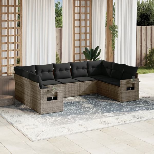 vidaXL 9-tlg. Garten-Sofagarnitur mit Kissen Grau Poly Rattan 3220599