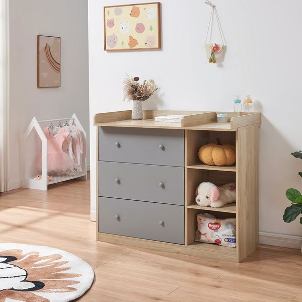 Wickelkommode Beldinupp mit Wickelaufsatz 93x110x55 cm Eicheoptik/Grau [en. casa]