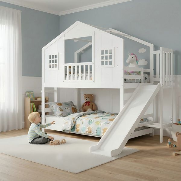 Flieks Etagenbett, Kinderbett Hausbett 90x200 cm mit Kinderrutsche & Leiter