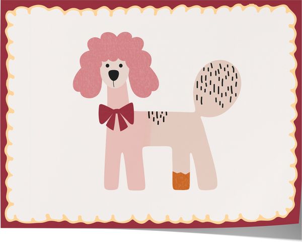 Poster Kinderzimmer Hund · Rosa Pudel mit Schleife · Verspieltes Tierposter im Retro Look · Liebevolle Deko für Kinder · Print ohne Rahmen - 20x25cm