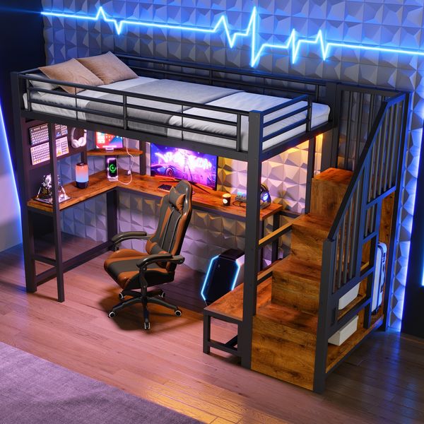 Merax Hochbett, 90x200 cm, Kinderbett, mit Tisch, USB- und USB-C-Anschluss, Lochwand, Regale, Leiterschrank, LED-Beleuchtung, schwarz
