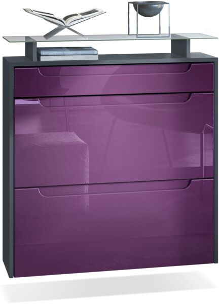 Vladon Schuhschrank Annie, Schuhkipper für 16 Paar Schuhe mit 2 Klappen, 1 Schublade und Glasablage, Anthrazit matt/ Brombeer Hochglanz, Griffmulden in Brombeer Hochglanz (89 x 96 x 23 cm)