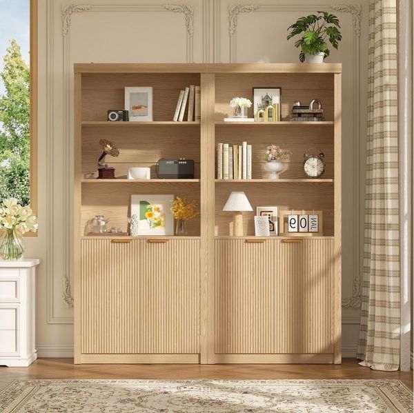 GarveeMore Bücherregal in Naturholz-Optik mit Wellenfront & Türen & verstellbaren Böden, 2-tlg, MDF 15 mm, Tragkraft 22 kg pro Einlegeboden, 180 × 80 × 35 cm