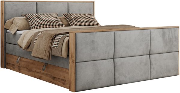 Doppelbett, Boxspringbett mit zwei Multipocket-Matratzen und ein Topper, Bettkästen, Eiche Wotan Holzrahmen, genähtes Kopfteil und Front - ALBERO 2 KING DUO - 160 x 200 cm - Hellgrau Velours - H4 Bild 4