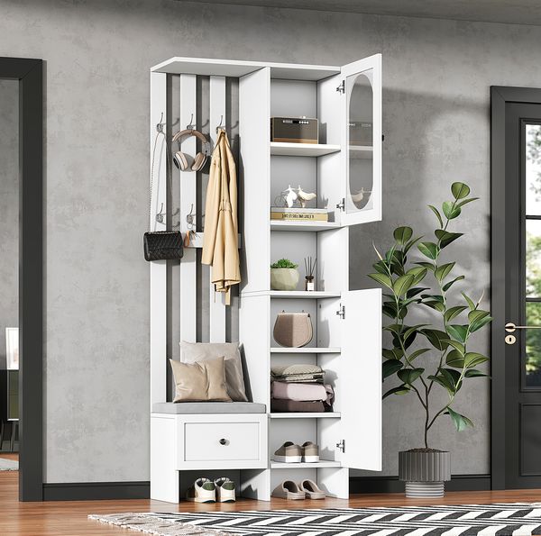 Garderobenschrank 85 x 33,5 x 200 cm in Weiß, mit Hartglas, Schuhbank, Schublade und 6 Haken