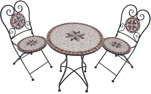 Balkonmöbel-Set ROBERT 3tlg. Mosaik - Eisen, Hellgrau | Balkon-Set Gartenmöbel-Set Sitzgruppe für Balkon Balkonstuhl Balkontisch
